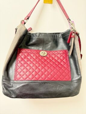 Coach Black Leather Shoulder Bag with Red Quilted Front Pocket